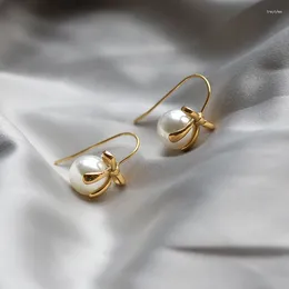 Stud Earrings 2023 Arrival Bowknot Pearl Hook Imitation Korean Titanium Steel With 18K Gold Plated Never Fade