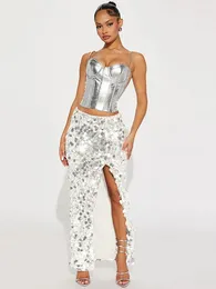 Skirts Sexy Elegant Sparkle Sequin Cocktail Long For Women Evening Party Bottoms High Waisted Side Slit Ankle Length Prom Skirt