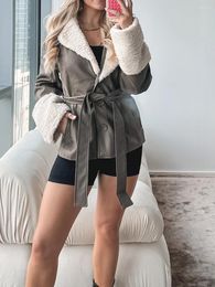 Women's Jackets Faux Leather Jacket Classic Long Sleeve Button Down Belted Coat Outwear With Fur Collar