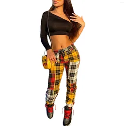 Women's Pants Women Colour Block Trousers Adults Casual Style Plaid With Drawstring Slacks Yellow