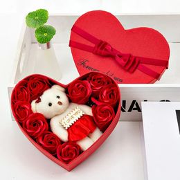 Jewellery Boxes Decoration Soap Artificial Rose Flower San Valentine Gift Teddy Bear Rose Artificielle Flower Valentines Day Box Heart Rose Bear 231219