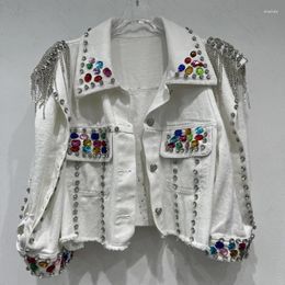 Women's Jackets Women Drilling Fringed Colourful Diamonds Denim Coat Rhinestone Beaded Jeans Jacket Cardigan Single Breasted Long Sleeve Tops