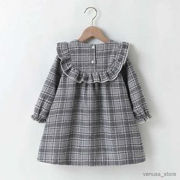 Girl's Dresses Autumn Winter 2022 New Arrivals Girls Cute Dresses Long Sleeve Grey Plaid Black Bow Cute Sweet Baby Dress Vestidos 18M-6T