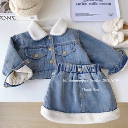 Korean Winter Suit For Girls Sets Thickened Warm JacketDenim Skirt Autumn Two Piece Set Top And Bottom Clothes 231220