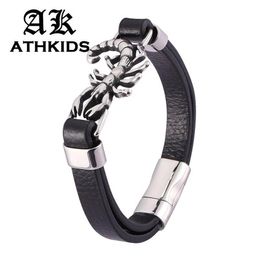 Personality Stainless Steel Scorpion Bracelet Men Jewelry Black Leather Bangles Magnet Buckle Male Wrist Band PD0477257K