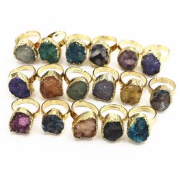 Band Rings Mixed Colour Crystal Cluster Natural Stone Gold Face Druzys Men Rings Secret for Women Girls Wedding Party Fashion Jewellery 10PCS 231219