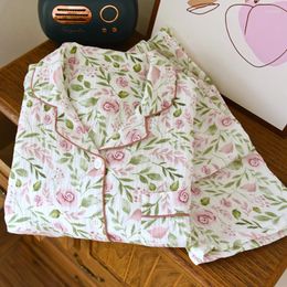 Women's Sleepwear Green Rose Soft Pajamas Cotton Pajama Printing Set Long Sleeved Pants Homewear Skin-Friendly Breathabl