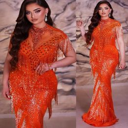 2024 ASO EBI Mermaid Orange Prom Dress Pissinerad spetspärled Crystals Evening Formal Party Second Reception Birthday Engagement Gowns Dresses Robe de Soiree ZJ372