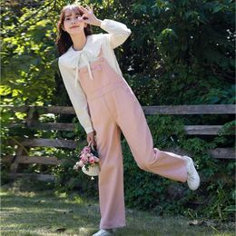 Women's Jumpsuits Rompers 2023 Spring Autumn Women Mori Girl Denim Jumpsuits Orange-Pink Loose Pocket Overalls Cute Kawaii Sweet Jeans With Heart Buttons YQ231220