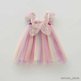 Girl's Dresses Summer New Dress for Girl Sweet Flying Sleeve Stereoscopic Wings Mesh Kid Birthday Dresses Cute Baby Girl Princess Dress