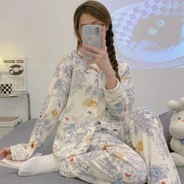 Women's Sleepwear Spring And Autumn Cotton French Pyjamas Sweet Elegant Premium Long Sleeve Polo Cardigan Home Suit Two Piece Set