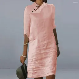 Casual Dresses Dress Pullover Spring Cotton Linen Loose Medium Length Retro Button Stand Collar Half Sleeve Commuter