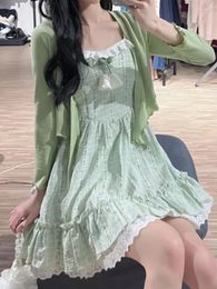 Work Dresses Summer Japanese Kawaii Two Piece Set Women Print Sweet Lace Strap Suit Female Green France Elegant Mini Dress 2023