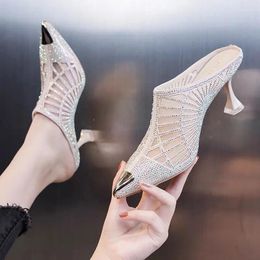 Slippers Summer Elegant Half Slipper Women Mules Rhinestone Pointed Toe Mesh High Heels Sandals Comfortable Mid Heel Women's Footwear