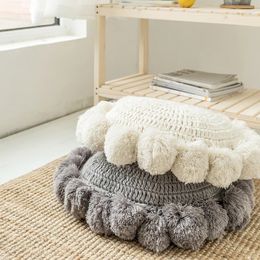 Home Decor Sofa Pillow Yoga Mat Hand Rests Kids Room Decoration Round Throw Pillow Tassel Pom Poms Knitted Round Cushion Beige 231220