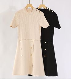 2024 early spring new san * dro women's simple solid color metal buckle knitted dress with round neck short sleeved skirt