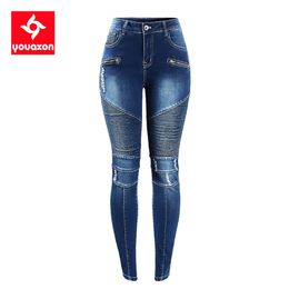 Womens Jeans 2077 Youaxon Womens Fashion Motor Biker Style Mid High Waist Denim Skinny Pants For Women Clothing 231219