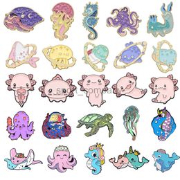 Cartoon Sea Animal Enamel Brooch Hermit Crab Jellyfish Seahorse Octopus Turtle Salamander Dolphin Cute Badge Punk Pins Jewellery