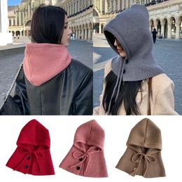 Berets Knitted Hooded Scarf Women Winter Warm Ring Beanie Hat Adjustable Drawstring Elastic Balaclava Cap Neck Collar Scarves