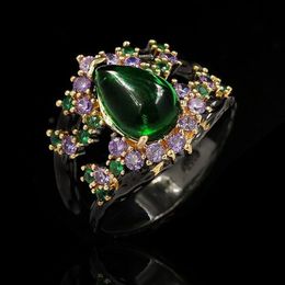 Retro Fashion Luxury Elegant Amethyst Wild Hollow Green Jade Large Water Droplet 14K Black Gold Ring Women's Brand Jewellery Cl218t