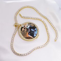 Pendant Necklaces Round Po Custom Made Medallions Picture Necklace & Tennis Chain Gold Color Cubic Zircon Men's Hip Hop Je250I
