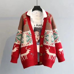 Womens Sweaters Christmas Deer Cardigan Crop Sweater Coat Red Knitting Korean Clothes Loose Year Retro Tops For Wom 231219