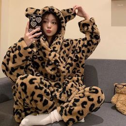 Women's Sleepwear 2023 Autumn Winter Flannel Pyjamas Women Warmth Thickening Plush Loungewear Cute Coral Velvet Student Hooded Homewear Set