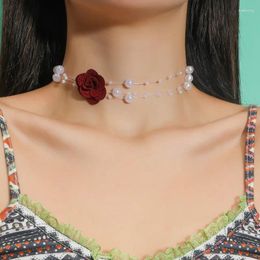 Chains Burgendy Flower To The Neck Pearl Choker Necklace For Women Cute Party Summer Long Layered Fashion Jewelry Trend 2023