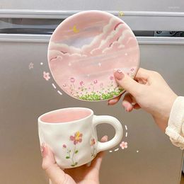 Mugs Korean-style Pink Coffee Cup Ins Style Ceramic And Saucer Set Mug Hand-painted Lovely Girl Heart Afternoon Tea Plate