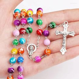 Pendant Necklaces Colourful Catholic Rosary Necklace For Women Jesus Cross Crucifix Virgin Mary Long Bead Sweater Chain Jewellery Gift