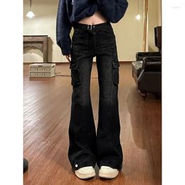 Women's Jeans Deeptown Black Cargo Flare Women Streetwear Vintage Baggy Korean High Waist Denim Pants Y2k Causal Kpop Wide Leg Trousers