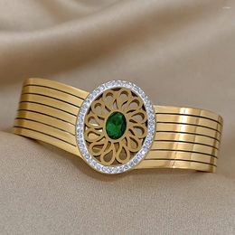 Bangle AENSOA Chunky Luxury Green Rhinestone Flower V Shape Stainless Steel Bracelets Bangles For Women Unique 18K Gold Plated Jewelry