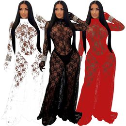 2024 Designer Sexy Hollow Out Jumpsuits Women Backless Sheer Lace Rompers Long Sleeve Wide Leg See Through Jumpsuits Night Club Wear Wholesale Clothes 10446