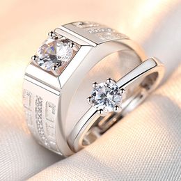 Couple Ring, Men's and Women's Diamond Ring, Simulated Zircon Open Wedding Ring, Silver Plated and Dominant Korean Edition, European and American Men's Ring