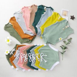 Clothing Sets Born Baby Boy Girl Clothes Set Solid Colour Sleeveless Round Neck Ribbed Button Romper Elastic Shorts 0-24M