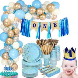 Blue Dot Party Disposable Tableware Set White And Gold Latex Balloons Garland Arch Baby Shower Boys 1st Birthday Decor 231220