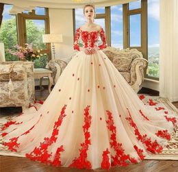 Свадебное платье трапециевидного цвета цвета шампанского, женское 2024, красное кружевное платье с аппликациями и рукавами 3/4, тюлевое свадебное платье невесты, Vestido De Novia, на заказ