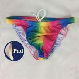 swimwear Push Up Mens Thong Swimwear Colorful Rainbow Mens Swim Briefs Sexy Gay Swimming Trunks Beach Shorts Bikini Swimsuit Bathing Suit