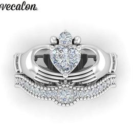 Wedding Rings Vecalon Luxury Lovers Claddagh Ring 1ct 5A Zircon Cz White Gold Filled Engagement Band Set For Women Men214K