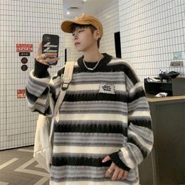 Men's Sweaters Korean Sweater Furry Round Neck Winter Striped Contrast Colour Loose Versatile Trendy Brand Couple Y2k Tops