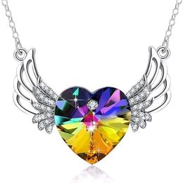 Chains Silver Angel Wing Heart Necklace Crystals For Women Girl Guardian Pendant Dainty Jewelry285S