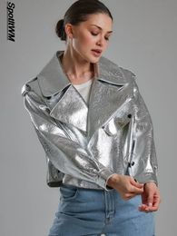 Women's Leather Faux Leather Oversized Silver Women's Fake Leather Jacket Elegant Loose Lapel Long Sleeved Coat Autumn Lady Streetwear PU Motorcycle Jackets 231220