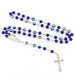 Vintage Religion Cross Pendant Rosary Necklace Jesus Women Catholic Virgin Mary Glass Bead Link Chain Men Choker Jewelry341L