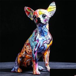 Decorative Objects Figurines Creative Color Chihuahua Dog Statue Simple Living Room Ornaments Home Office Resin Scpture Crafts Sto218k