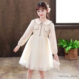 Girl's Dresses Spring pink white long sleeved children's lapel princess dance dress children's lace casual dress for 3 to 10 years