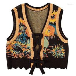 Frauen Strick 2023 Frühling Und Herbst V-ausschnitt Kurze Pullover Tank Top Weste Vintage Faul Design Blume Strickjacke