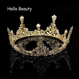 Gold Colour Baroque Vintage Men Diadem Large Crystal Full Round Prom King Crown Wedding Pageant Queen Tiara Bridal Hair Jewellery Y19253E