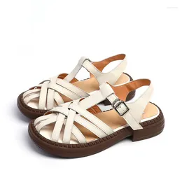 Sandals Women's Cowhide Round Head Low-heeled Buckle Retro Shoes Leisure 2023Summer Vintage Non-slip