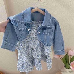 Girl's Dresses Girl Sweet Bow Princess 2pcs Suits Children Baby Kids Spring Autumn Jean Jacket + Strap Dress Sets