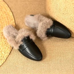 Slippers High Quality Women's Soft Leather Rabbit Hair Half Slippers Outside Autumn/Winter Muller Women Warm Shoes XQ1212-2 231219